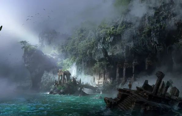 Sea, the city, fantasy, rocks, shore, art, ling xiang