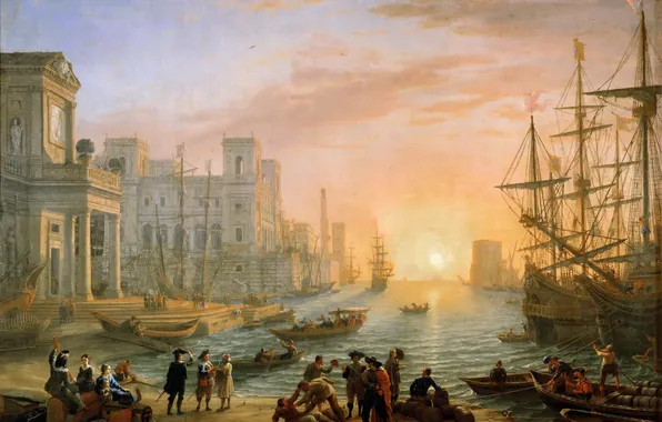 Oil, picture, canvas, French painter, Claude Lorrain, "Harbour at sunset"