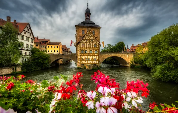 Flowers, bridge, river, the building, home, Germany, Bayern, Germany