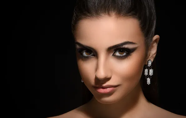 Look, portrait, earrings, makeup, brunette, hairstyle, beauty, black background