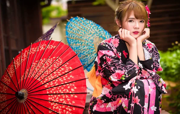 Picture look, girl, umbrella, kimono, Asian