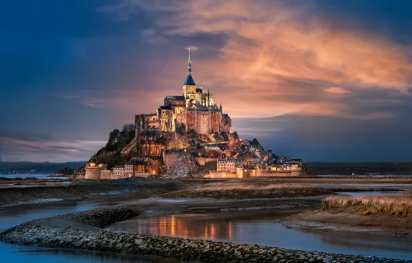 The city, France, Normandy, Mont-Saint-Michel, the mountain of the Archangel Michael, the island fortress of