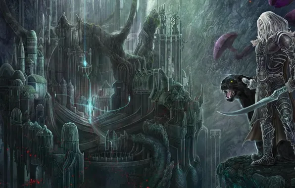 The city, elf, Panther, swords, dark elf, illustration to the book, Robert Salvatore, Drizzt Do'urden