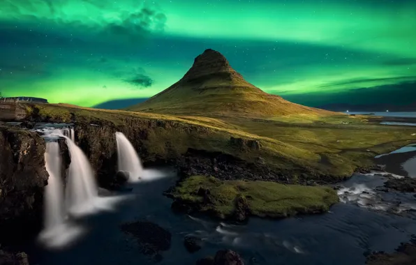 Stars, mountains, night, shore, waterfall, Northern lights, the volcano, Iceland