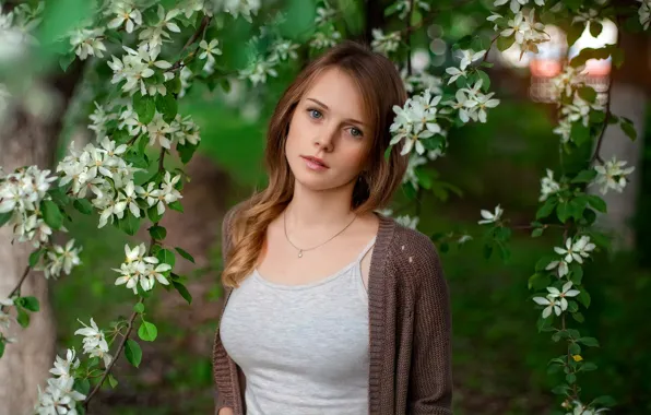 Picture look, girl, branches, nature, sweetheart, portrait, spring, garden