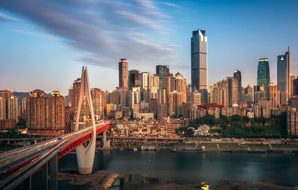 Picture bridge, river, skyscrapers, China, architecture, Chongqing