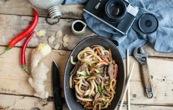 The camera, meat, pepper, soy sauce, Noodles, Ginger