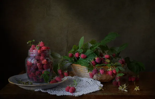 Leaves, berries, raspberry, table, food, plate, Bank, still life