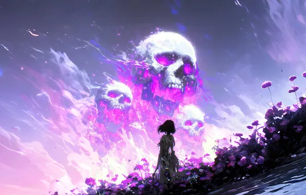 Picture sake, flowers, purple, lone figure, AI Art