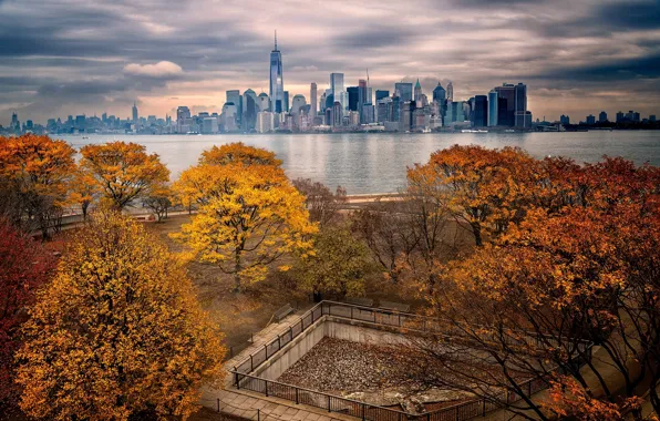 Autumn, Park, New York, skyscrapers, Manhattan