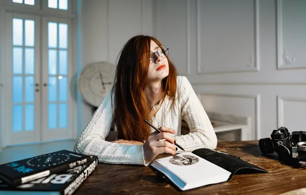 Girl, Figure, Look, Watch, Glasses, Girl, The camera, Door