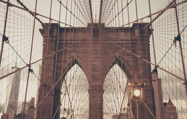 Picture bridge, the city, New York, Brooklyn, USA, USA, America, ropes