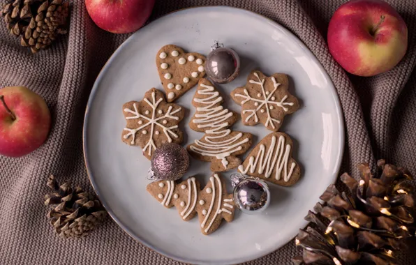 Balls, snowflakes, holiday, apples, cookies, plate, Christmas, hearts