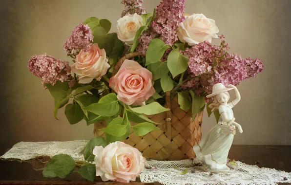 Picture flower, girl, flowers, basket, rose, roses, figurine, lilac