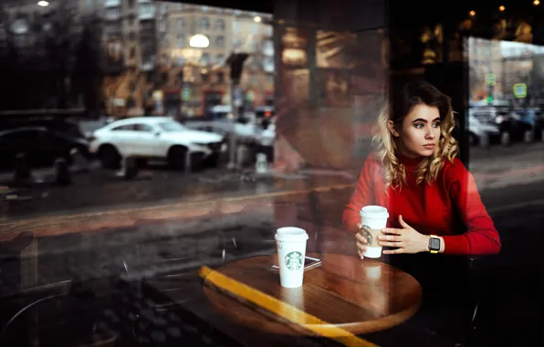 Beauty cool girl sitting posing on a car, reflection in glass