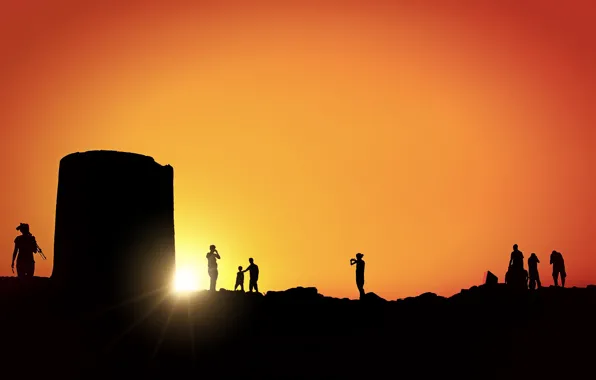 Sunset, people, tower, silhouette