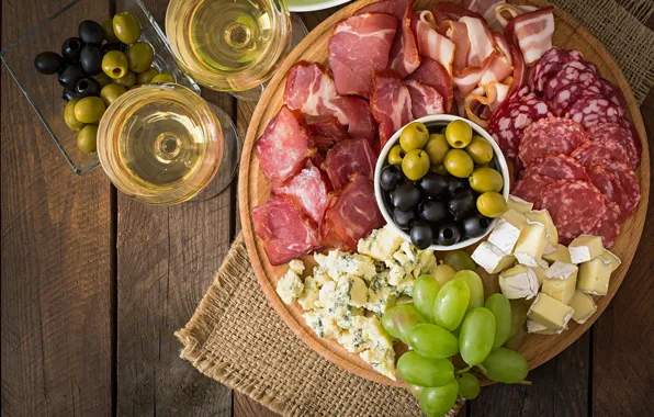 Wine, Board, cheese, grapes, olives, sausage, bacon