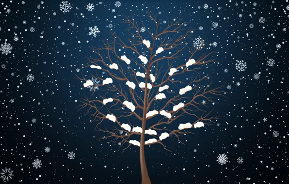 Winter, Minimalism, Tree, Snow, Snowflakes, Background