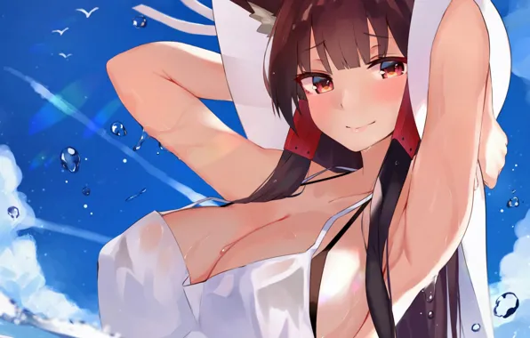 Girl, sexy, cleavage, long hair, sea, brown hair, boobs, animal ears