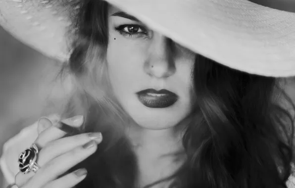 Girl, smoke, hat, ring, cigarette, black and white