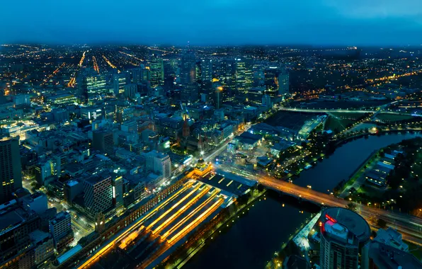 Night, bridge, lights, river, street, panorama, Cathedral, Melbourne
