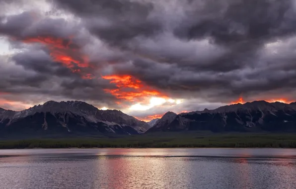 Picture the sky, mountains, clouds, lake, the evening, glow