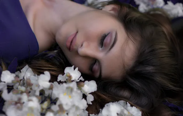 Girl, flowers, face, eyelashes, smile, sweetheart, hair, sleep