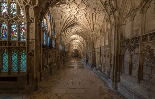 England, corridor, arch, architecture, the nave, Gloucester Cathedral