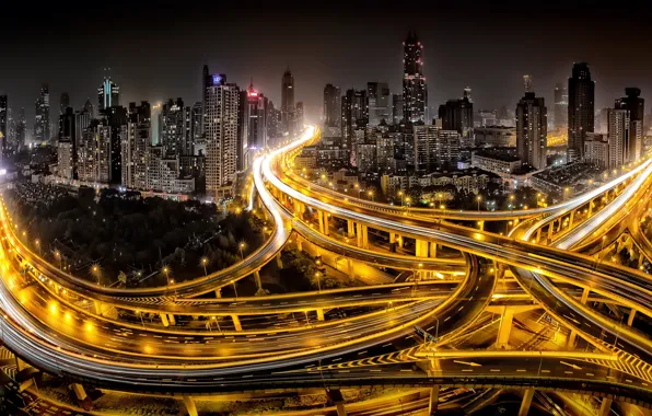 Light, night, the city, road, China, Shanghai