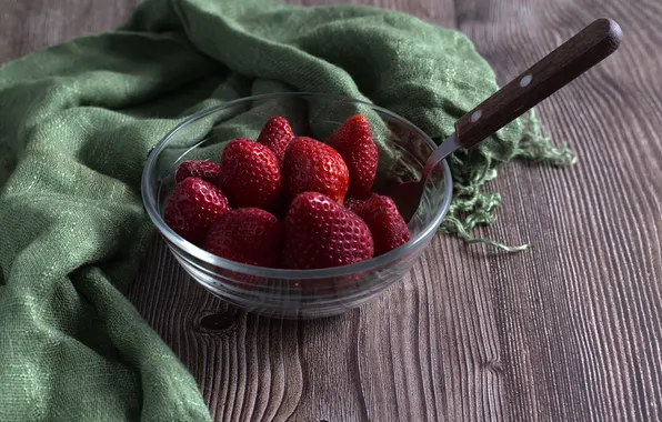 Berries, table, Board, towel, strawberry, spoon, bowl, bowl