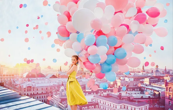 Girl, balls, balloons, mood, home, dress, Moscow, colorful