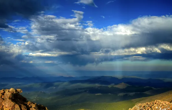 Picture the sky, clouds, rays, landscape, mountains
