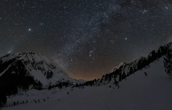 Picture winter, the sky, stars, snow, mountains, night, the milky way