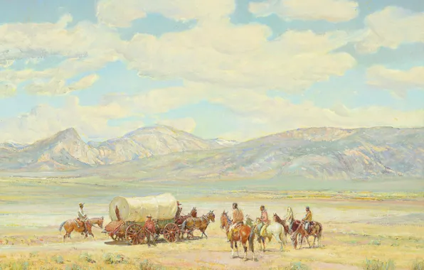 Mountains, horse, the Indians, carts, wild West, Oscar Edmund Berninghaus, Homesteaders on Indian Land