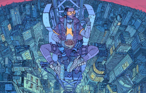 Girl, The city, Robot, Height, Fantasy, Art, Art, Food