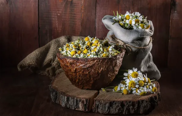 Flowers, table, tea, chamomile, bowl, still life, burlap, welding