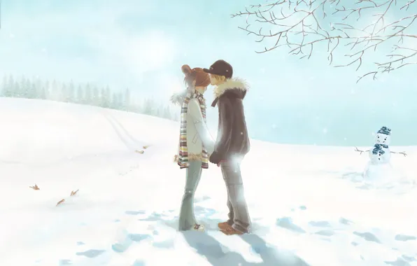Picture winter, tenderness, first kiss, two