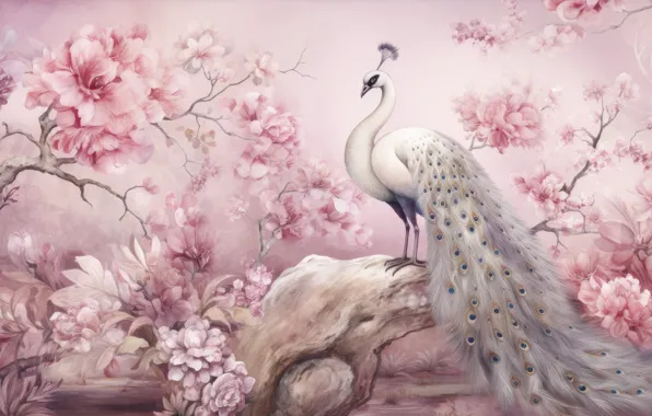 White, flowers, branches, nature, fantasy, tree, bird, spring