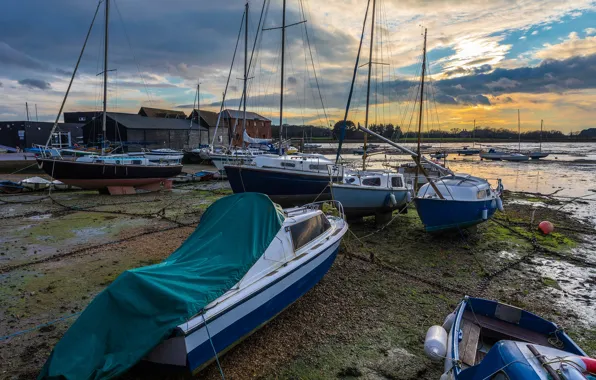 The sky, clouds, river, shore, England, home, yachts, boats