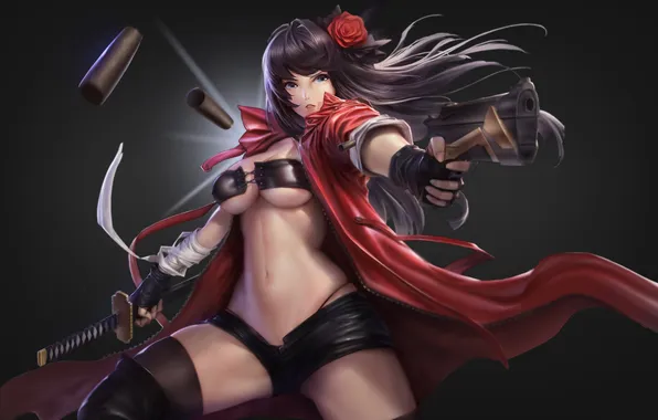Chest, girl, gun, weapons, shorts, rose, katana, anime