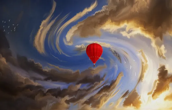 The sky, clouds, birds, red, balloon, art