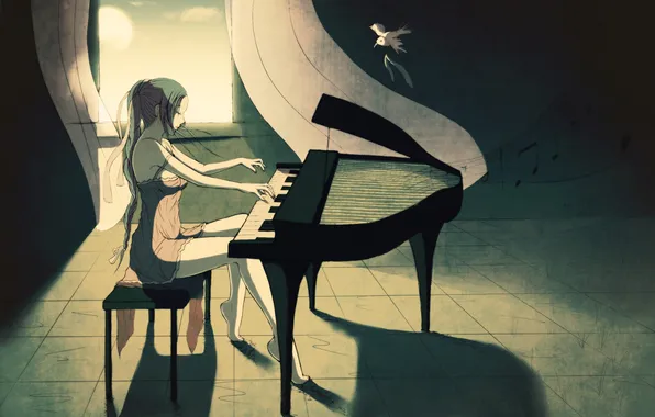 Girl, the sun, anime, piano, window, art, bird, curtains