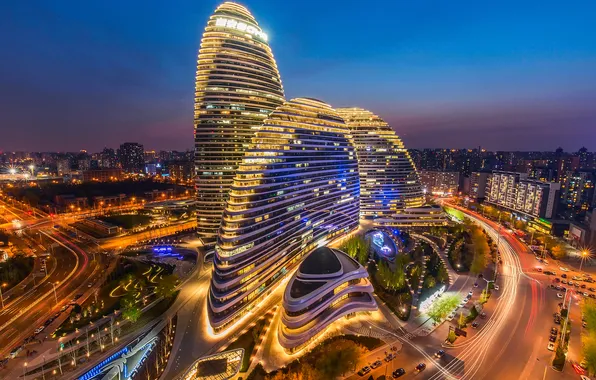 Picture the city, lights, building, the evening, China, Beijing, Wangjing SOHO