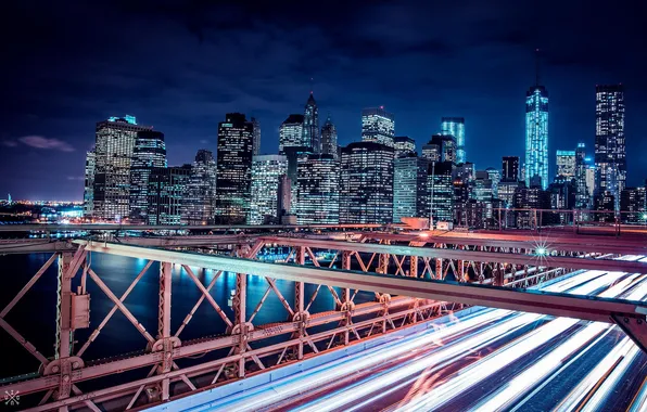 Night, bridge, the city, river, view, building, home, New York