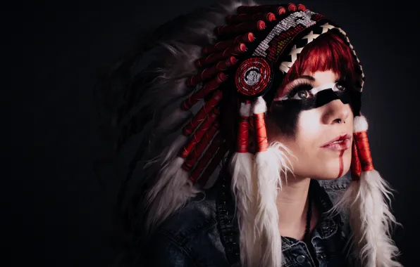 Picture girl, face, background, feathers, paint, headdress