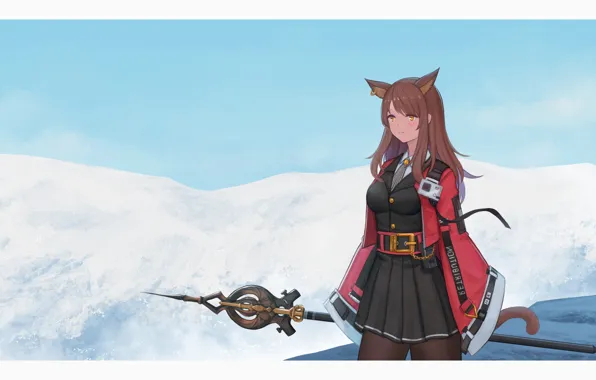 Girl, snow, mountains, staff, neko, ears