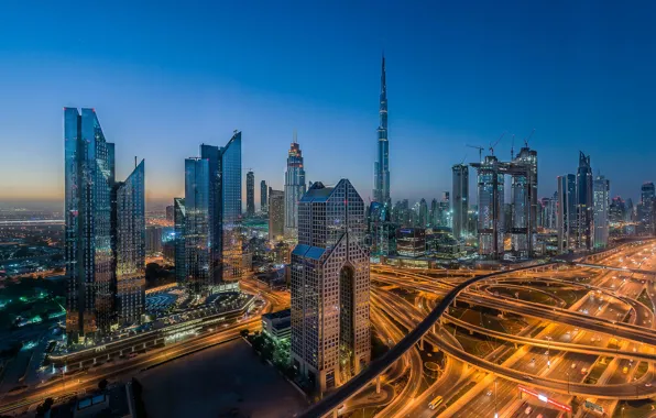 Night, the city, lights, blue, view, building, tower, skyscrapers