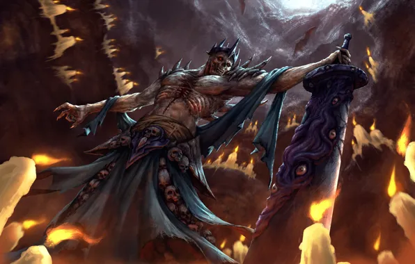 Weapons, skull, sword, candles, the demon, art, cave, bats