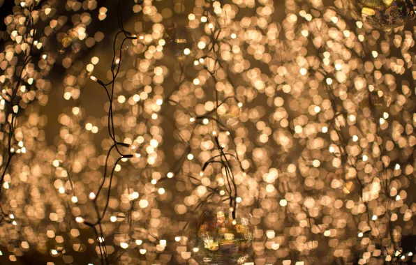 Lights, balls, yellow, blur, garland, bokeh