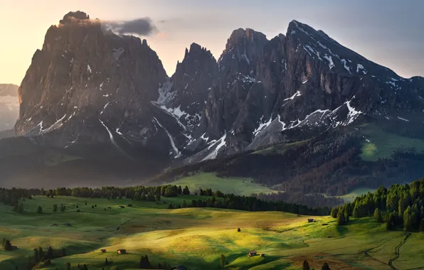 Mountains, rocks, tops, field, Alps, houses, meadows, the